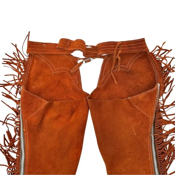 TALON ZIPPER RARE Pre 1960s Vintage Brown Distressed Suede Fringe Trim Chaps - Picture 11 of 12